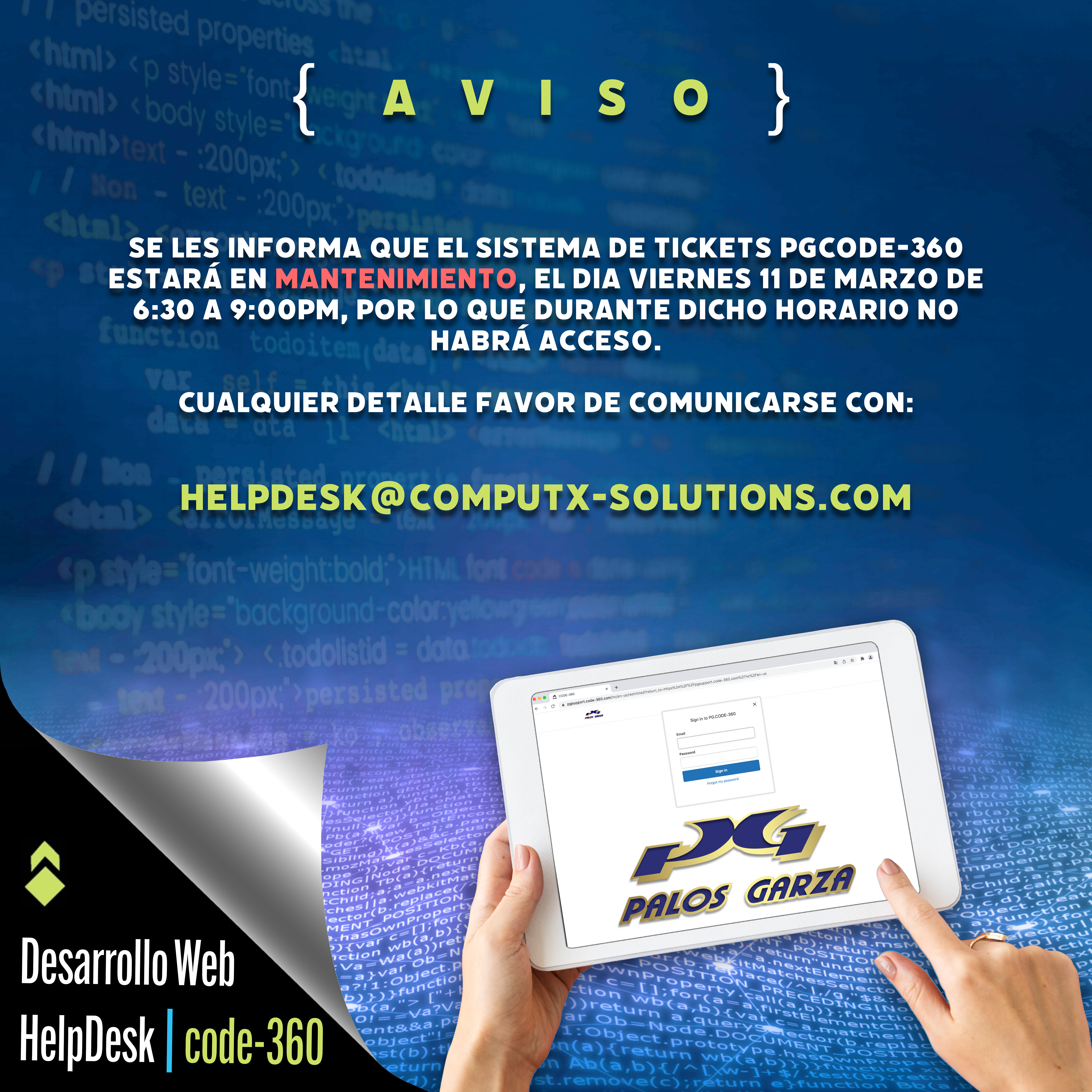 Sistema de tickets PGCODE-360 en mantenimiento